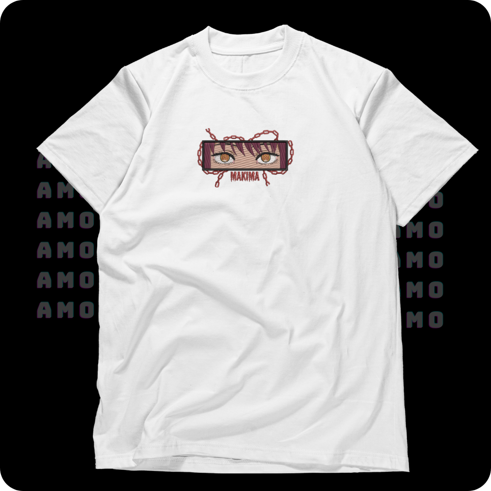 High-quality Makima embroidery on black cotton tee