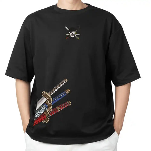 Black t-shirt with sword design on a white background