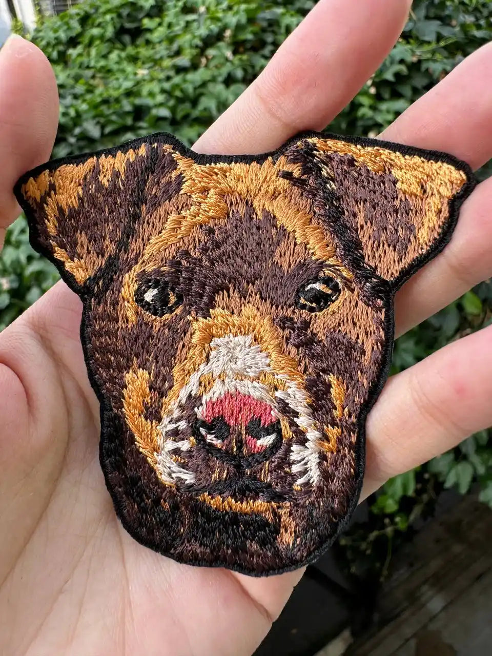 Iron-on Patterdale Terrier dog portrait patch close-up