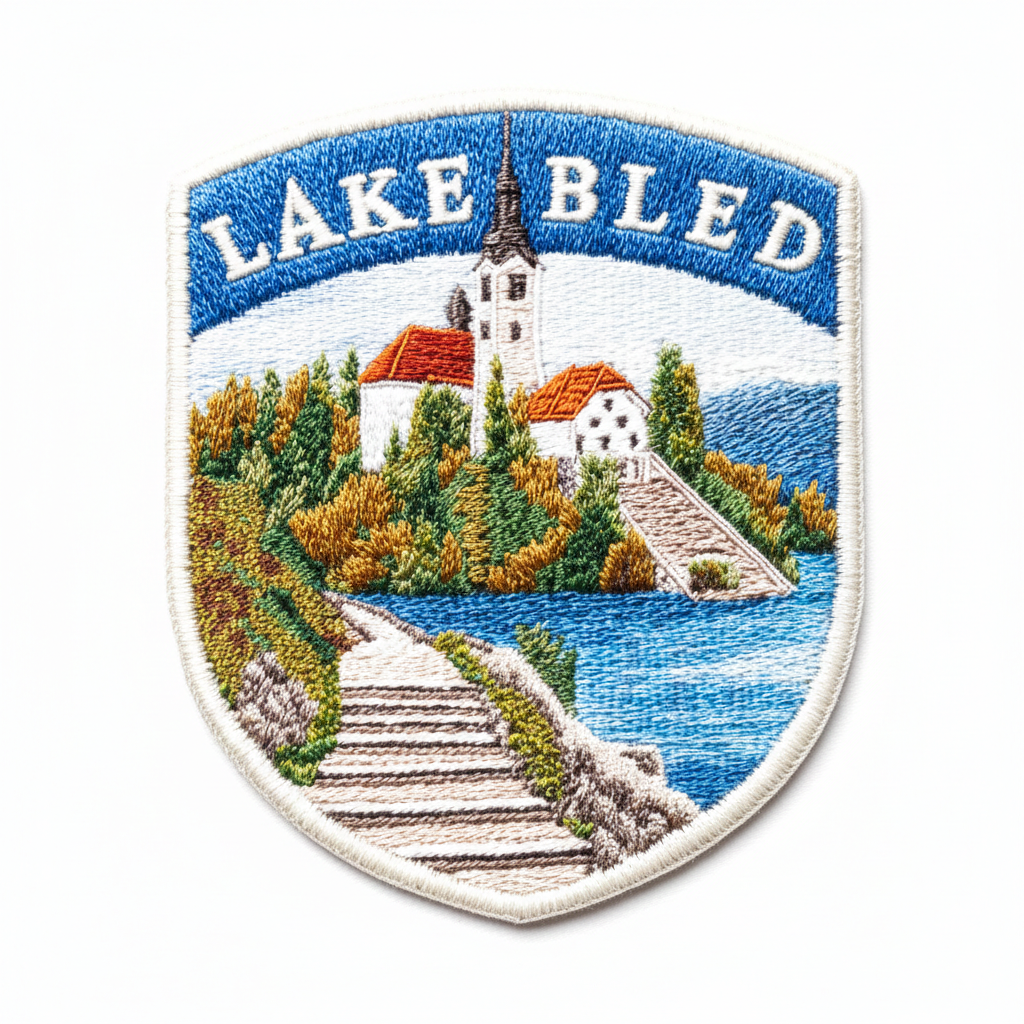 Lake Bled embroidery patch featuring island church, alpine lake, and scenic landscape
