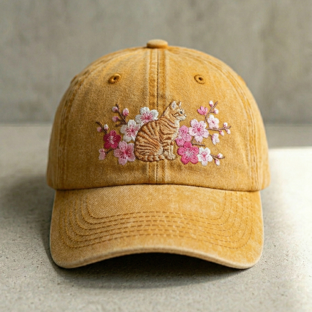 Lifestyle shot of person wearing colorful hand-embroidered summer cap outdoors