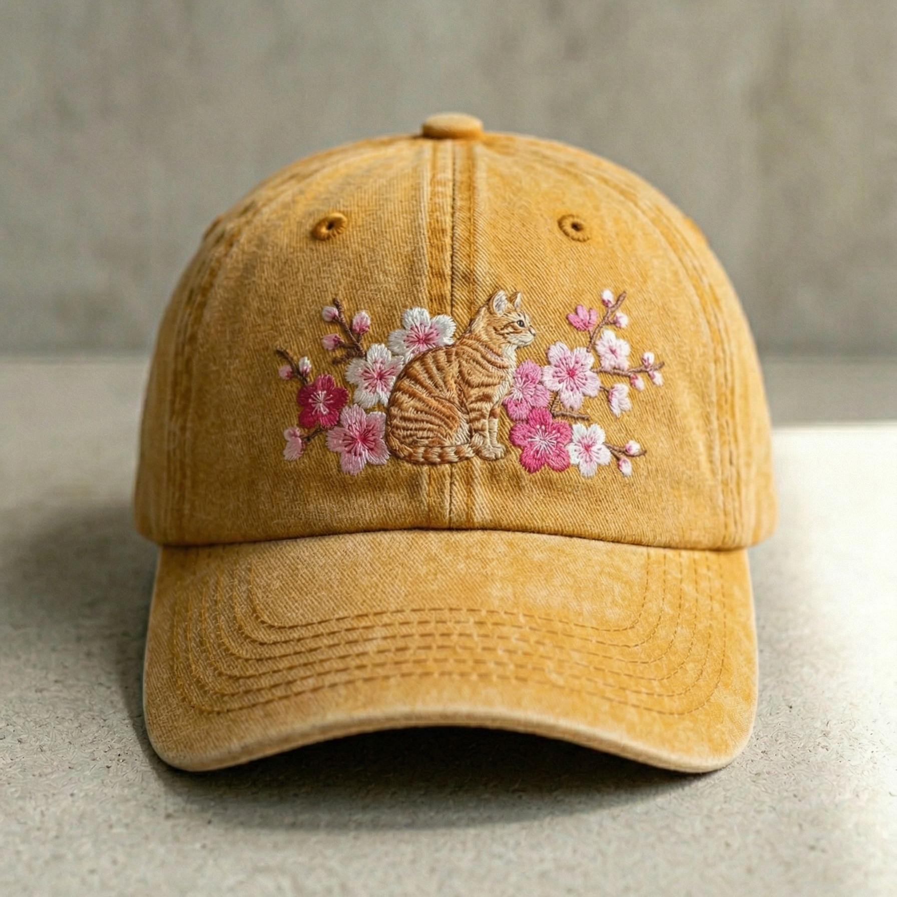 Lifestyle shot of person wearing colorful hand-embroidered summer cap outdoors