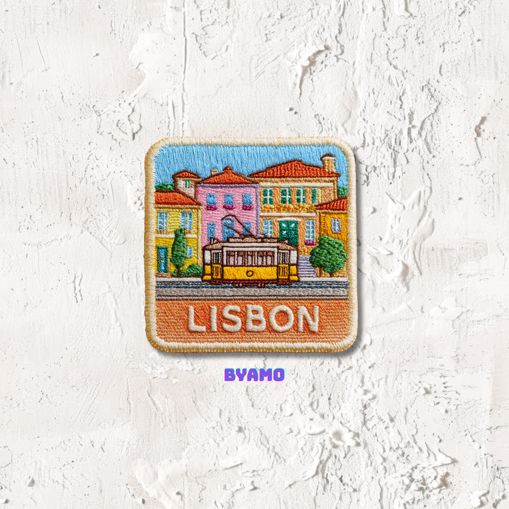 Lisbon Portugal travel embroidery patch with iconic yellow tram and colorful historic buildings
