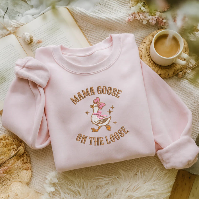 Mama Goose On The Loose Embroidered Sweatshirt – Funny Vintage Goose Cozy Pullover