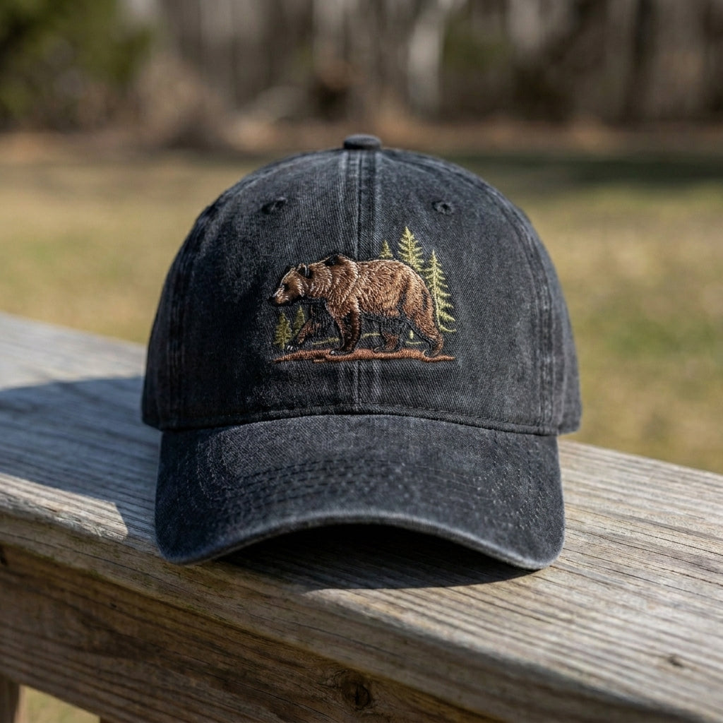 Men and women wearing brown bear embroidered hats outdoors
