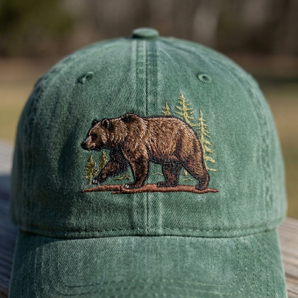 Men and women wearing brown bear embroidered hats outdoors