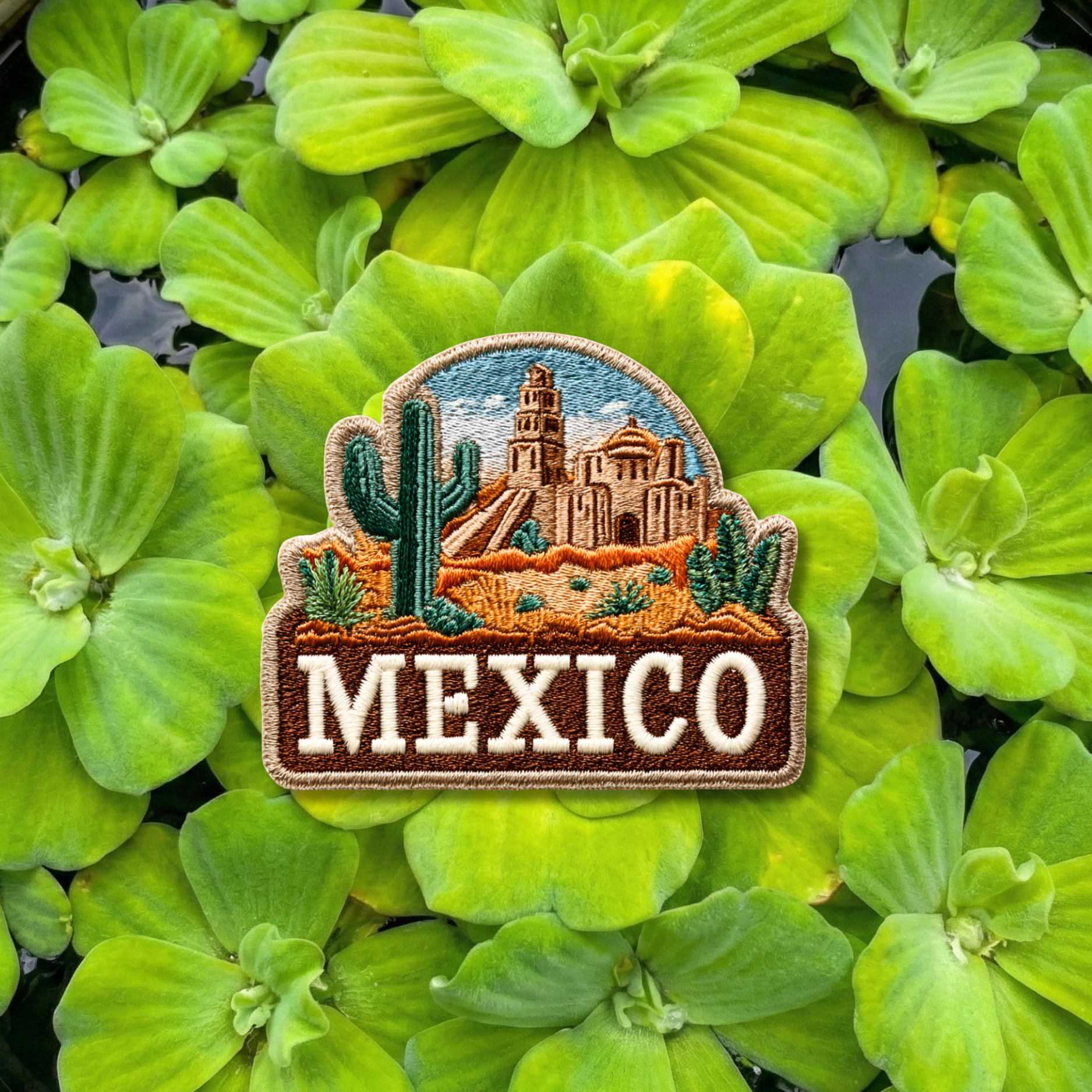Mexico embroidery patch featuring desert cactus and mission architecture