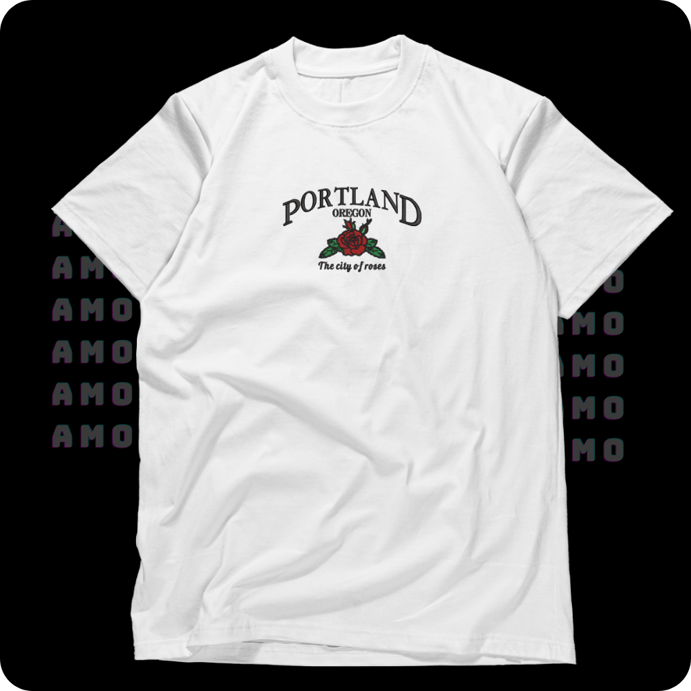 Minimalist Portland embroidered tee flat lay  