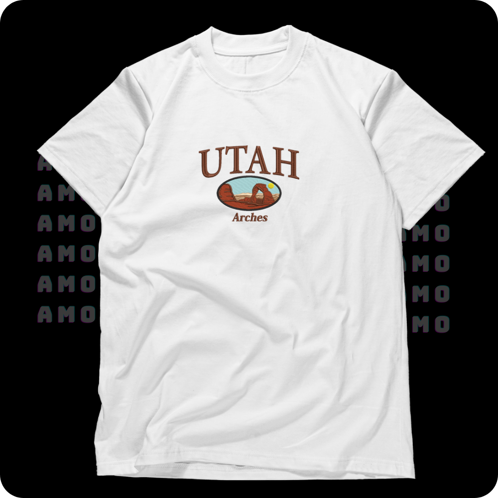 Moab red rock embroidery on white cotton tee