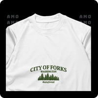 Model wearing Forks embroidered shirt in forest  