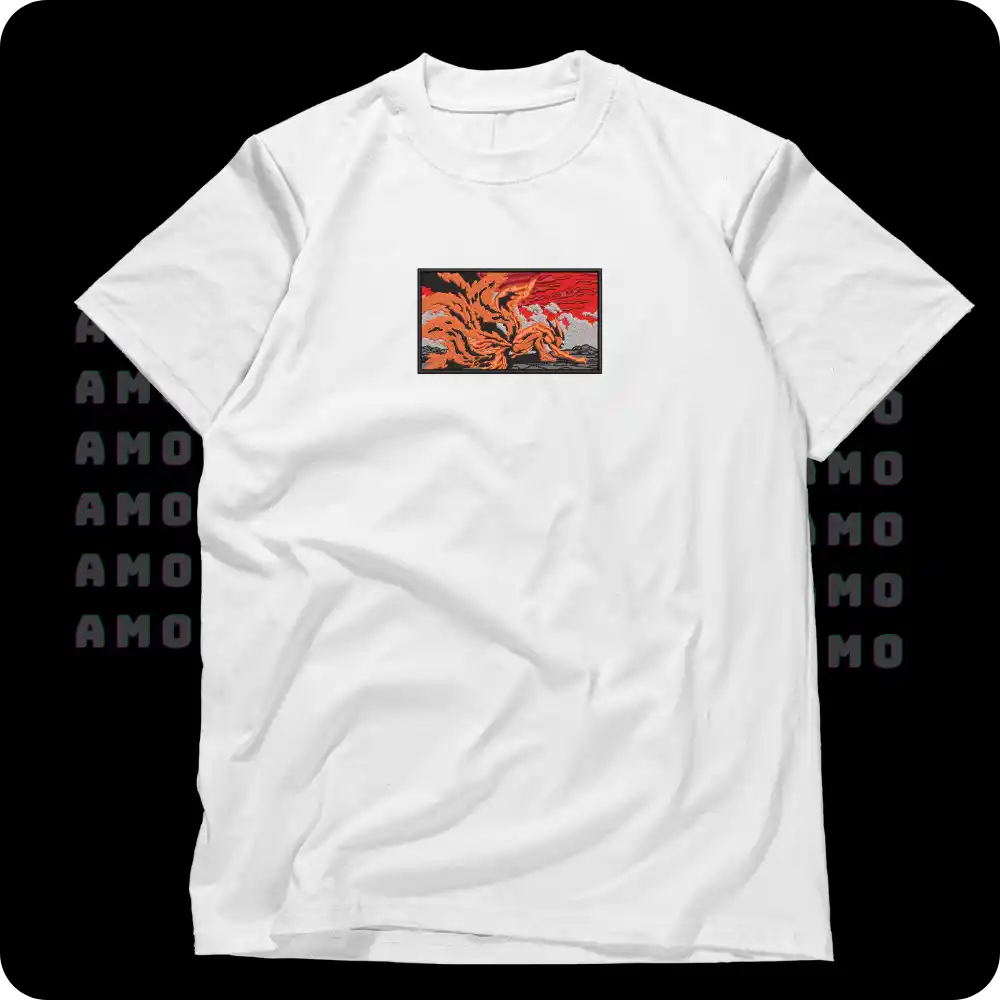 Model wearing Naruto Kurama embroidered streetwear tee