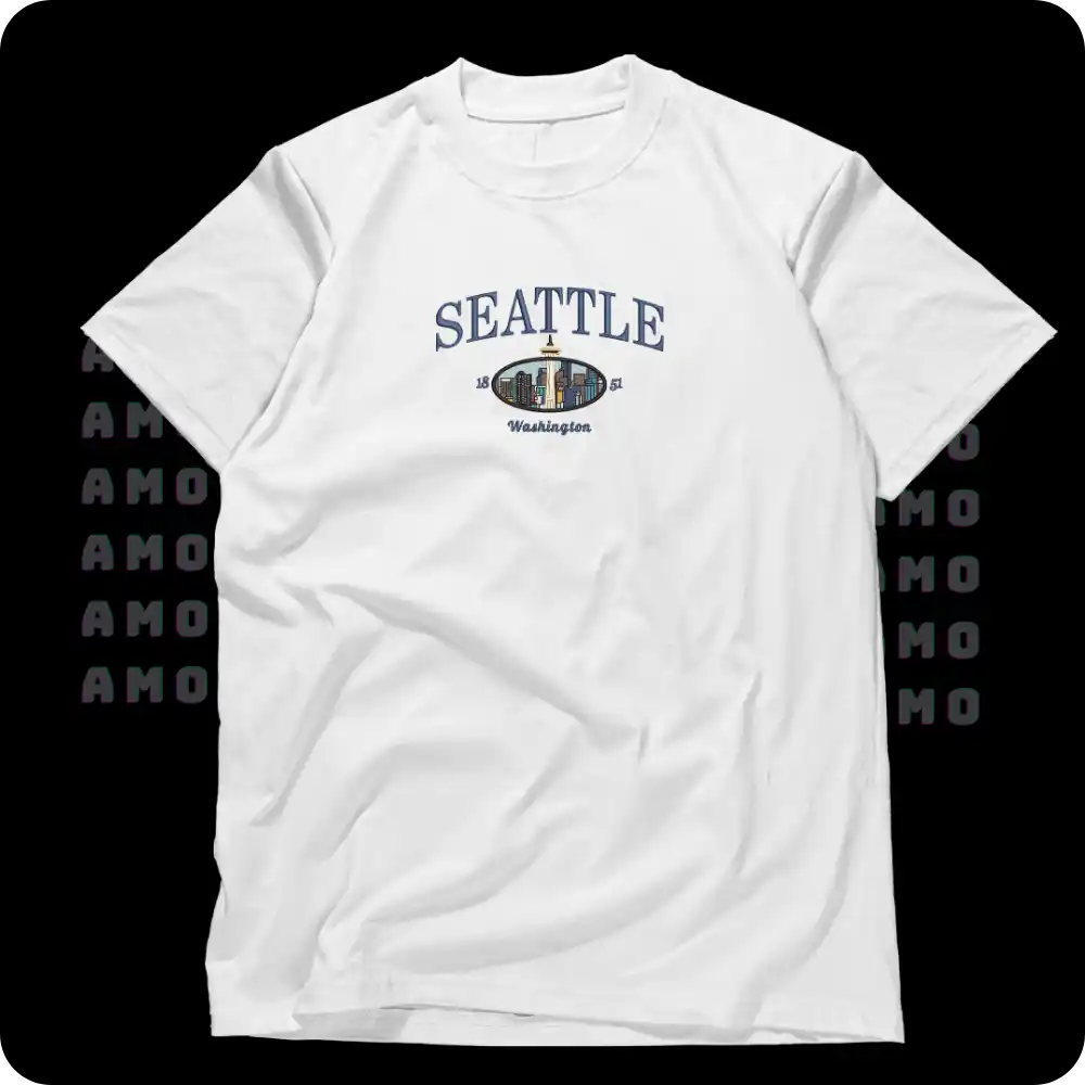 Model wearing Seattle embroidered shirt with jeans
