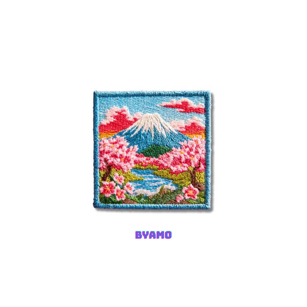 Mount Fuji embroidered travel patch attached to backpack as Japan souvenir
