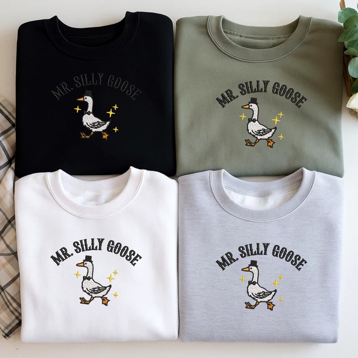 Mr. Silly Goose Embroidered Sweatshirt – Funny Groom Goose Cream Pullover