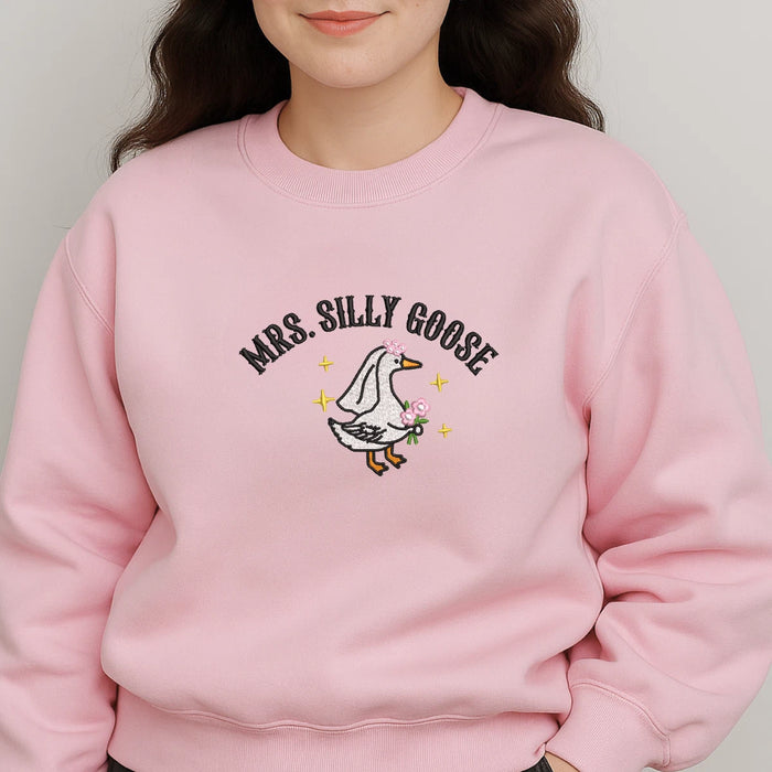 Mrs. Silly Goose Embroidered Sweatshirt – Funny Pink Bride Goose Pullover