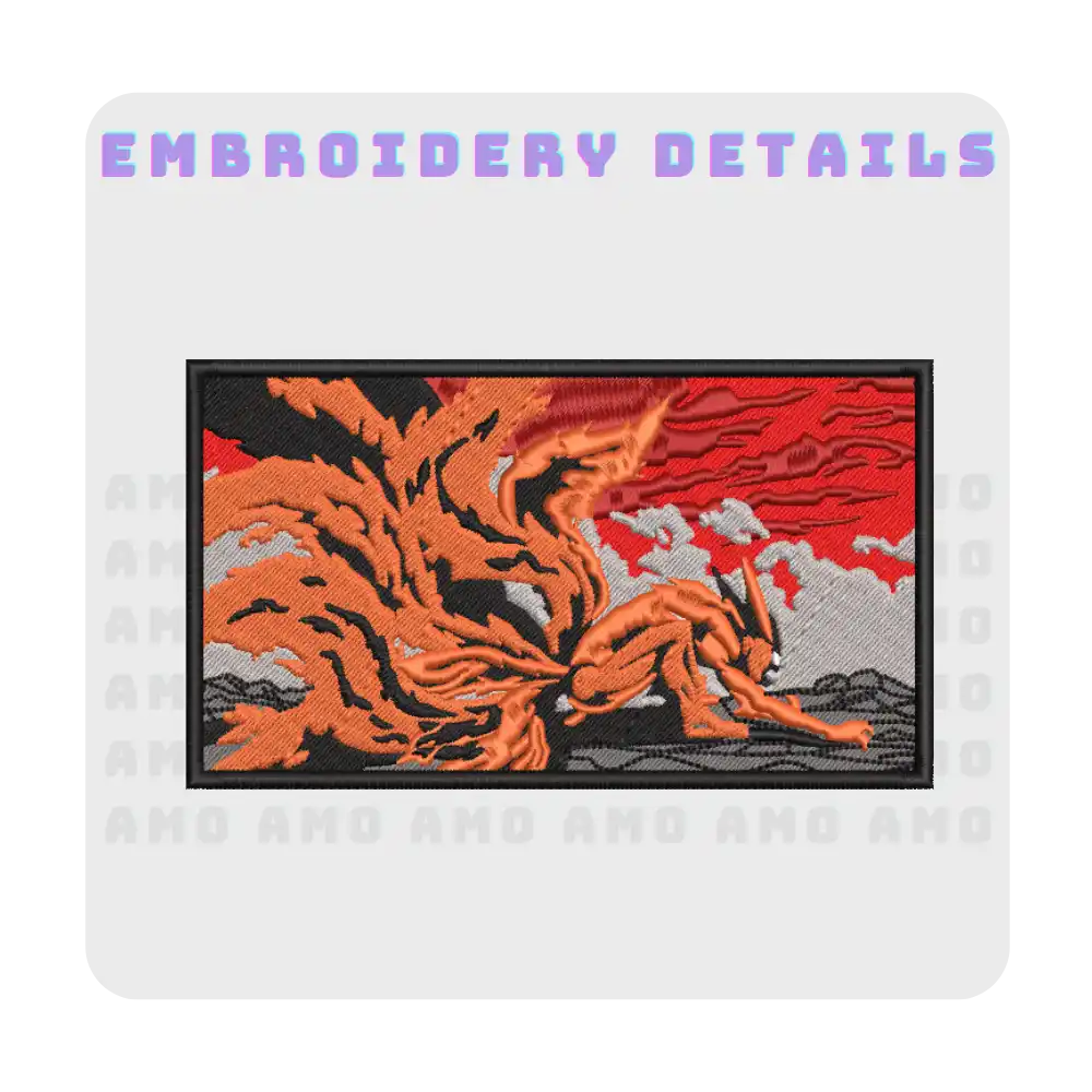 Nine Tails fox embroidery detail on black shirt