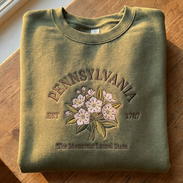 Pennsylvania Mountain Laurel Embroidered Sweatshirt – Olive Green State Flower Botanical Crewneck