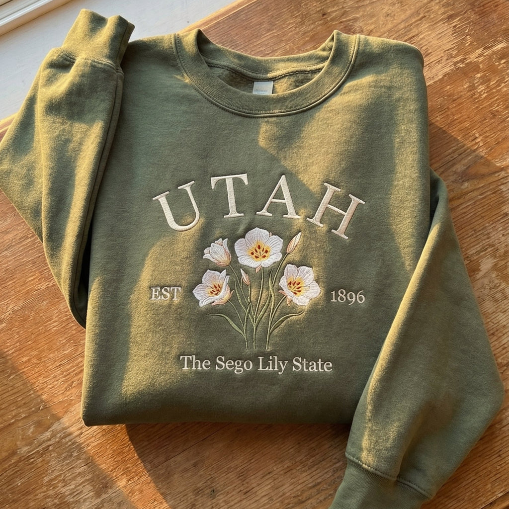 Olive green folded sweatshirt with detailed white Sego Lily flower embroidery reading Utah EST 1896 The Sego Lily State