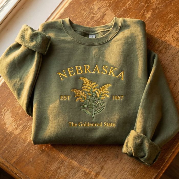 Nebraska Goldenrod Embroidered Sweatshirt – Olive Green State Flower Botanical Gift Unisex Crewneck