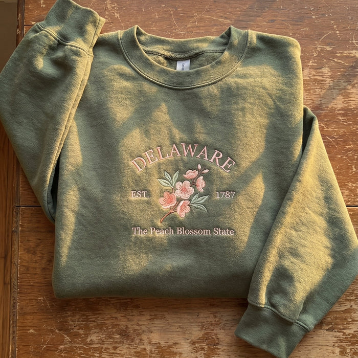Delaware Peach Blossom Embroidered Sweatshirt – Olive Green State Flower Botanical Gift Unisex Crewneck