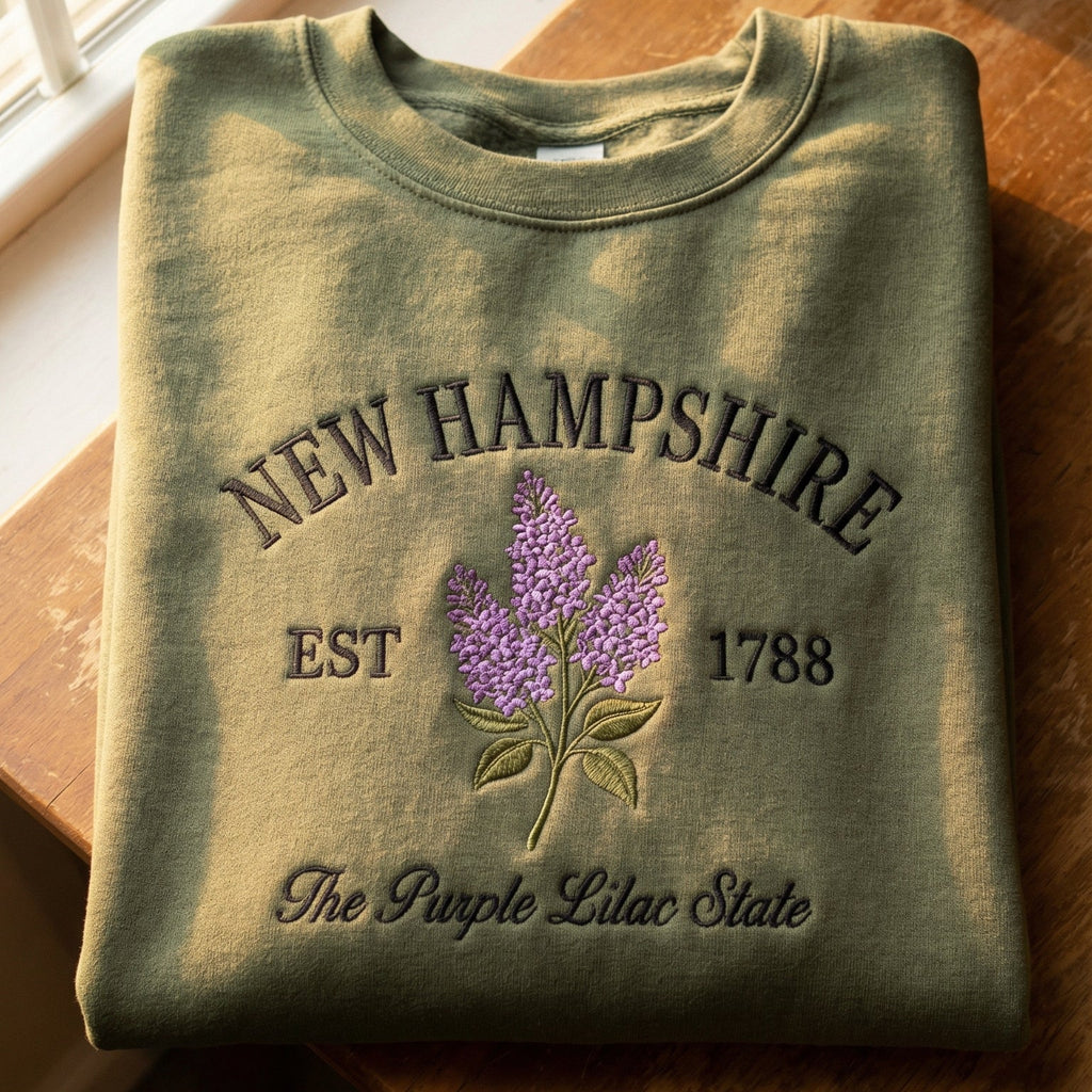 Olive green sweatshirt with detailed purple Lilac flower embroidery reading New Hampshire EST 1788 The Purple Lilac State