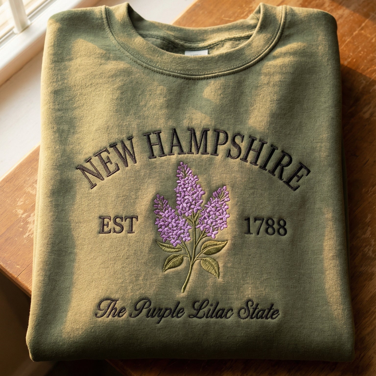 Olive green sweatshirt with detailed purple Lilac flower embroidery reading New Hampshire EST 1788 The Purple Lilac State