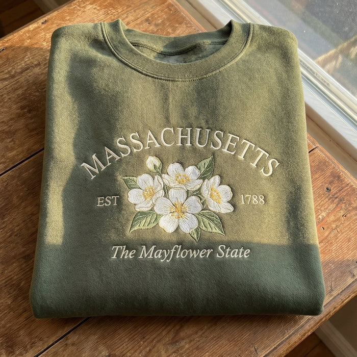 Massachusetts Mayflower Embroidered Sweatshirt – Olive Green State Flower Botanical Gift Unisex Crewneck