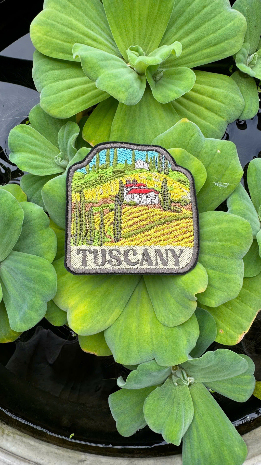 Patch of Tuscany on a green leafy background