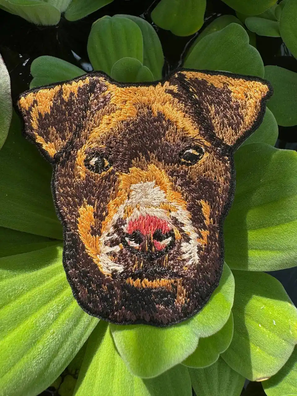 Patterdale Terrier embroidered patch on denim jacket