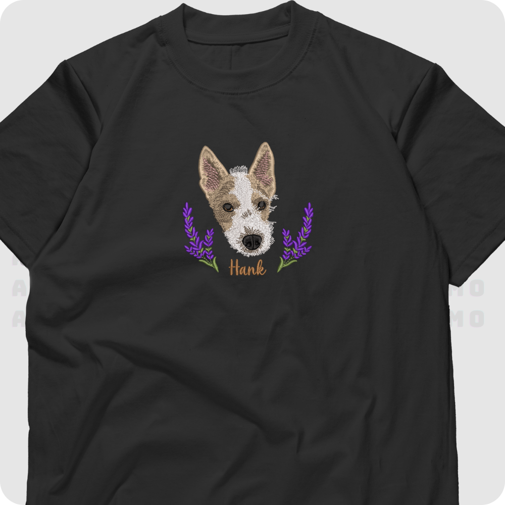 Pet memorial shirt with stitched animal photo