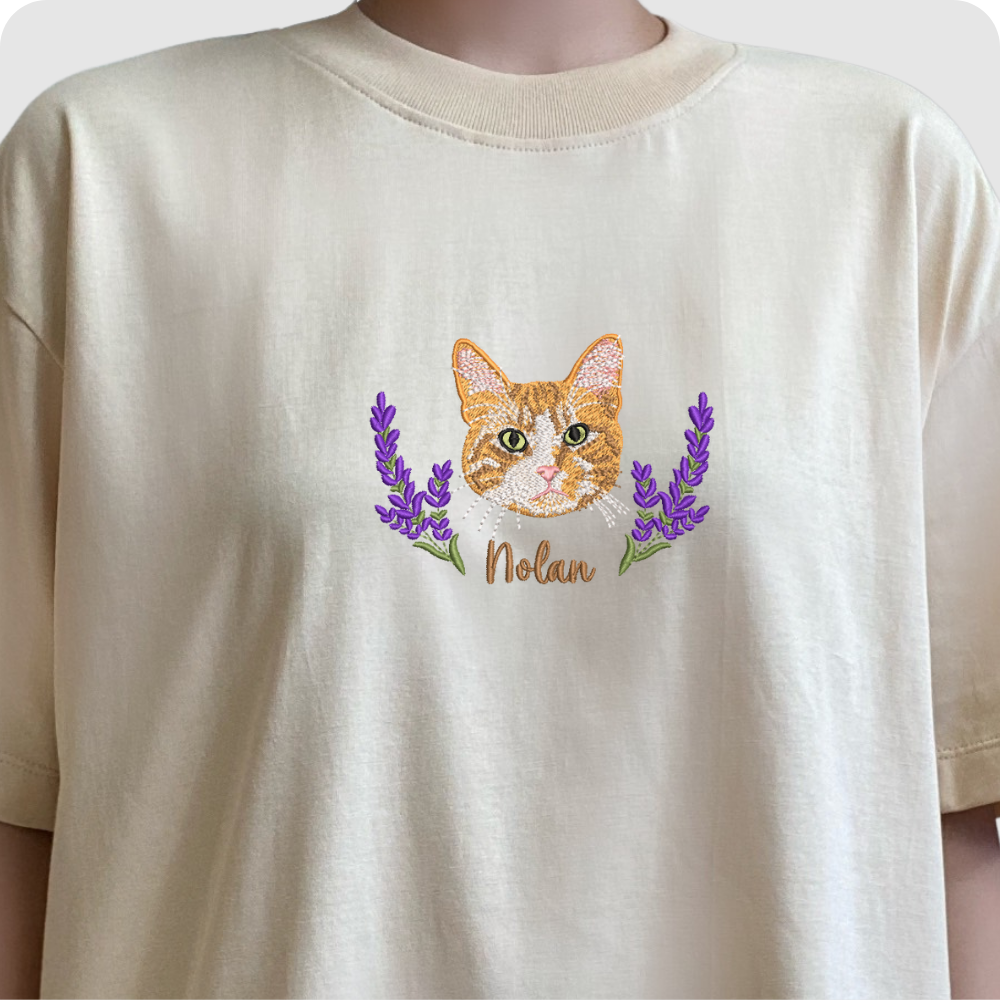 Pet photo turned into realistic thread art on shirt