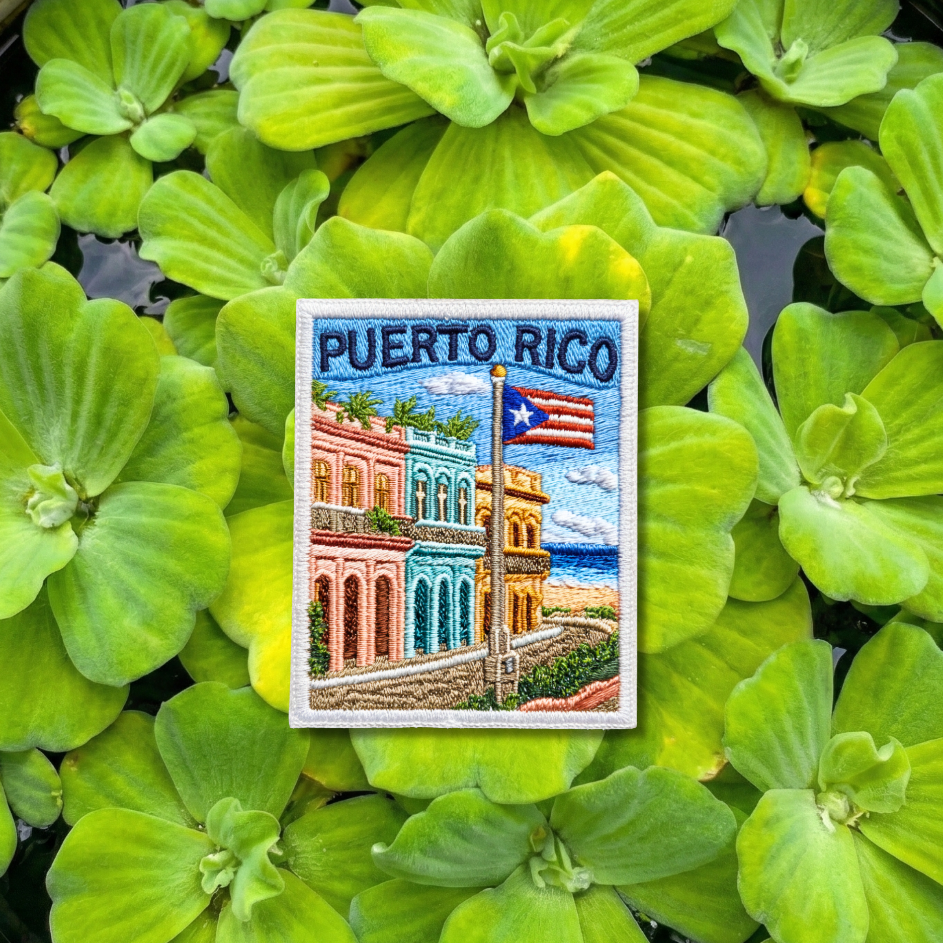 Puerto Rico embroidery patch featuring Old San Juan buildings and national flag