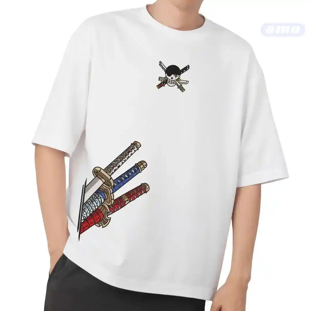White t-shirt with sword and skull design worn by a person on a white background