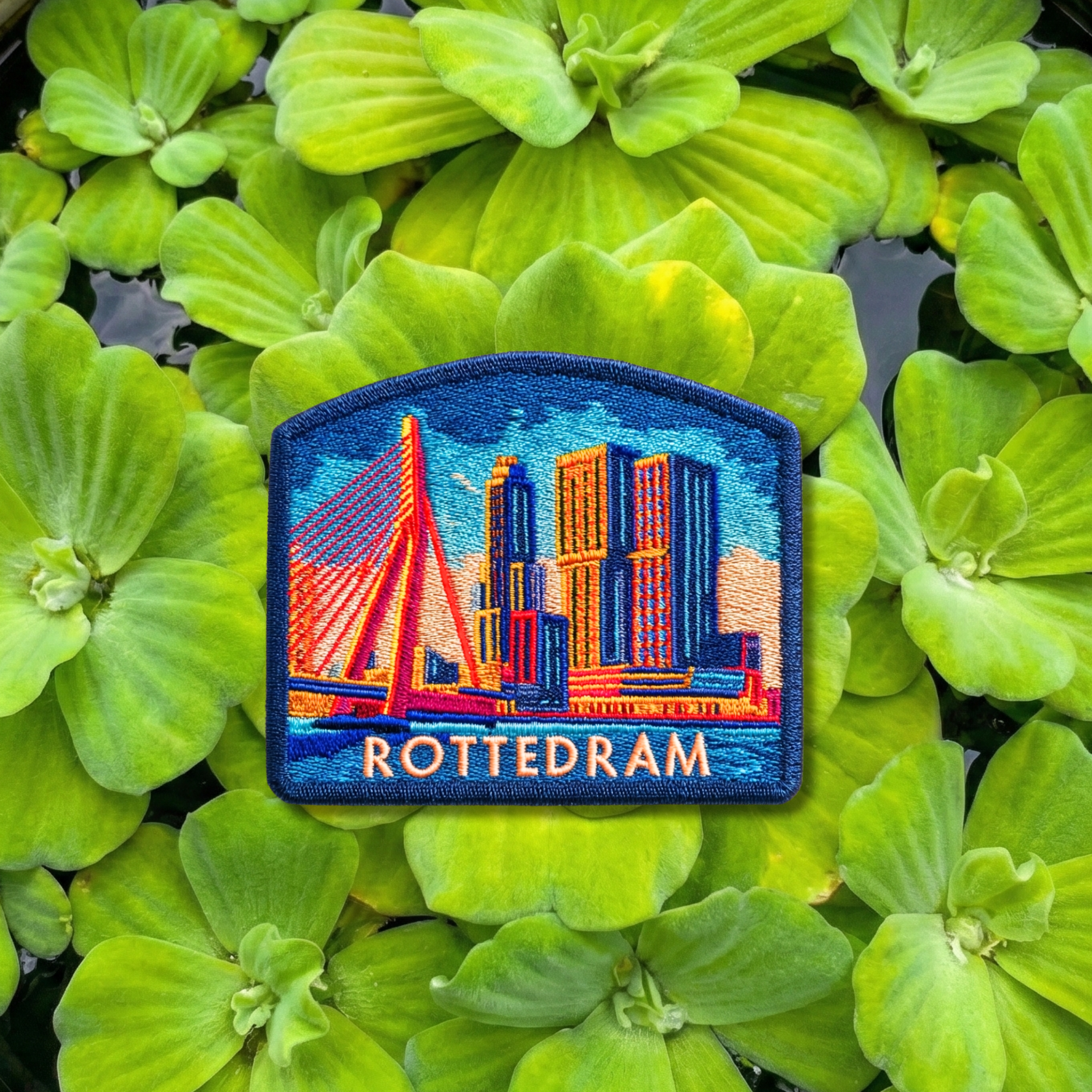 Rotterdam embroidery patch featuring Erasmus Bridge skyline