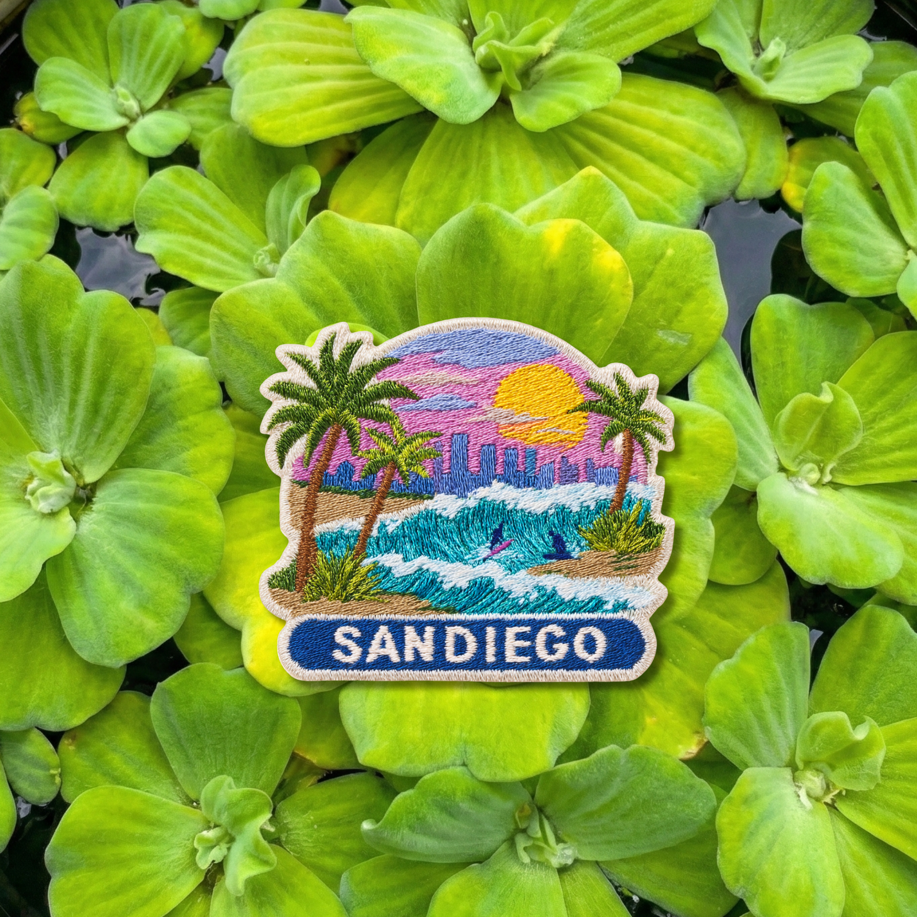 San Diego California embroidery patch featuring sunset beach and surfers