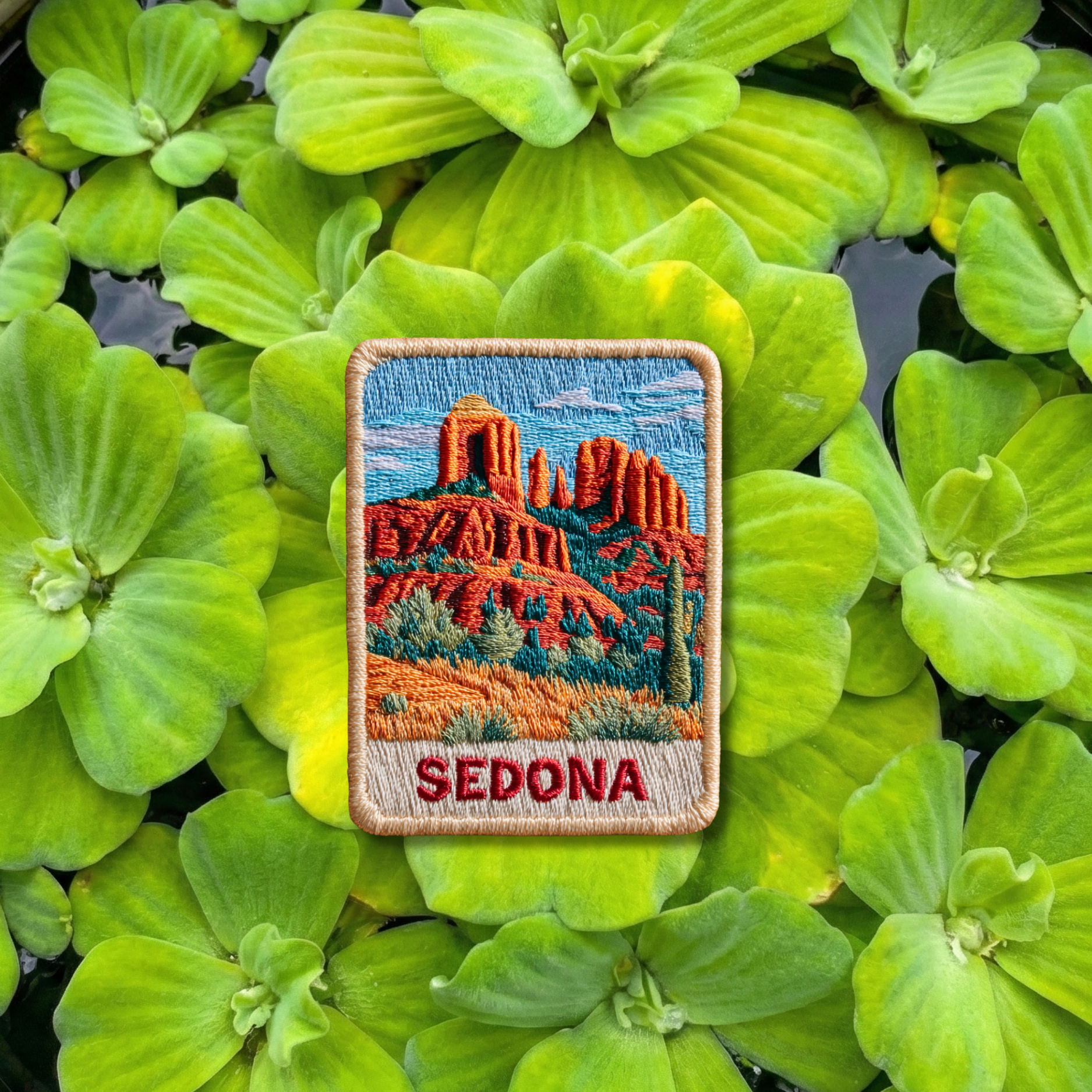 Sedona Arizona embroidery patch featuring red rock desert landscape