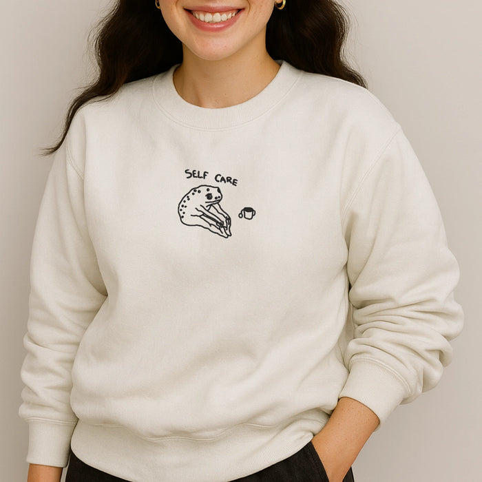 Self Care Frog Embroidered Sweatshirt – Cute Mental Health Cozy Cream Pullover