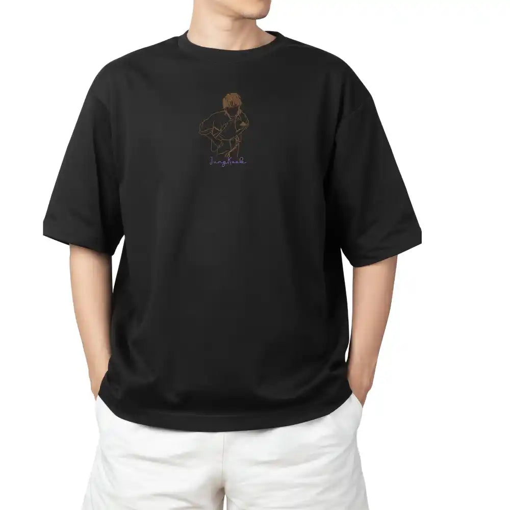 Side angle of embroidered Jungkook fan tee