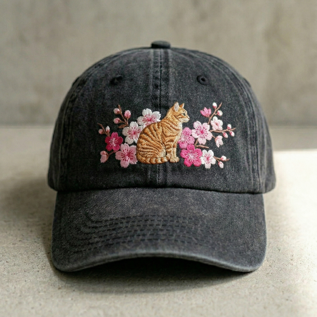 Side view of Cat and Flower Embroidered Kitten Baseball Cap showing curve brim design