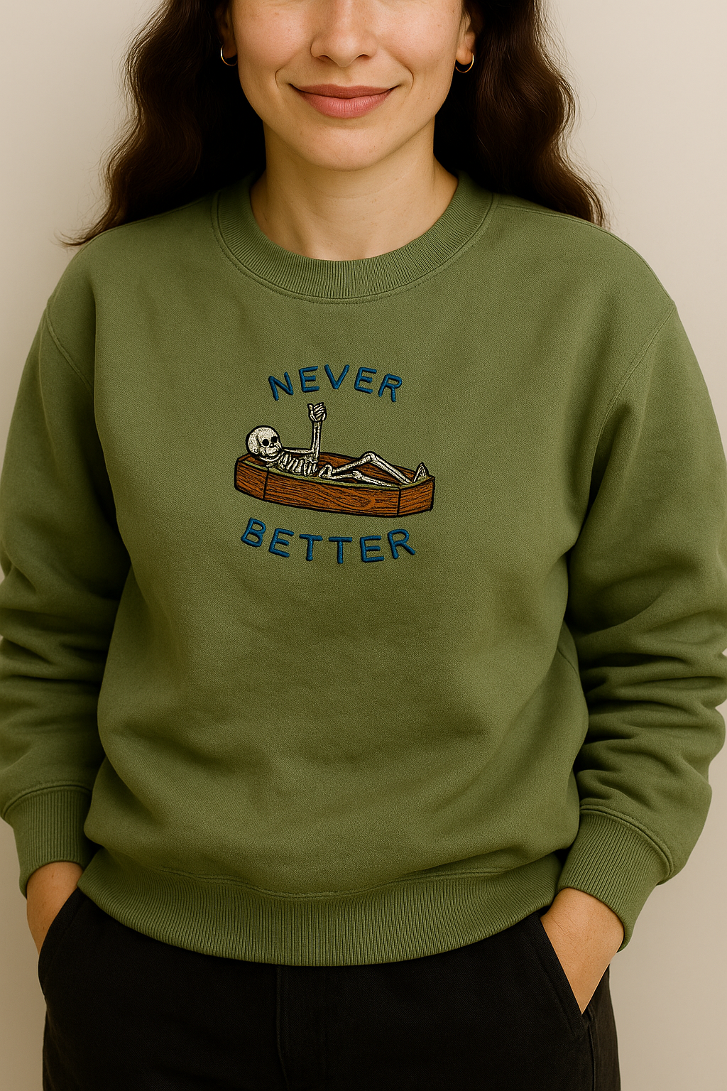 Skeleton coffin embroidery sweatshirt cream
