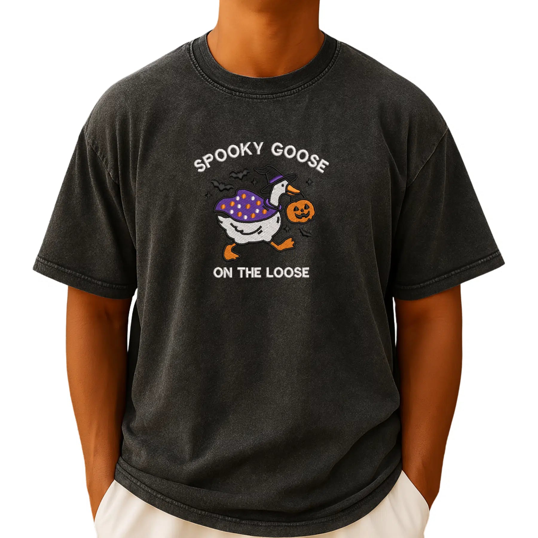 Black t-shirt with 'Spooky Goose on the Loose' graphic design