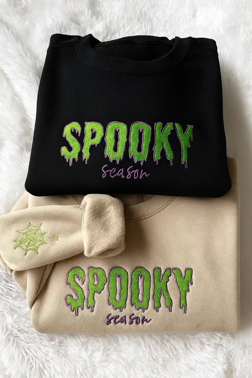 Spooky Season black sweatshirt with green and purple embroidery