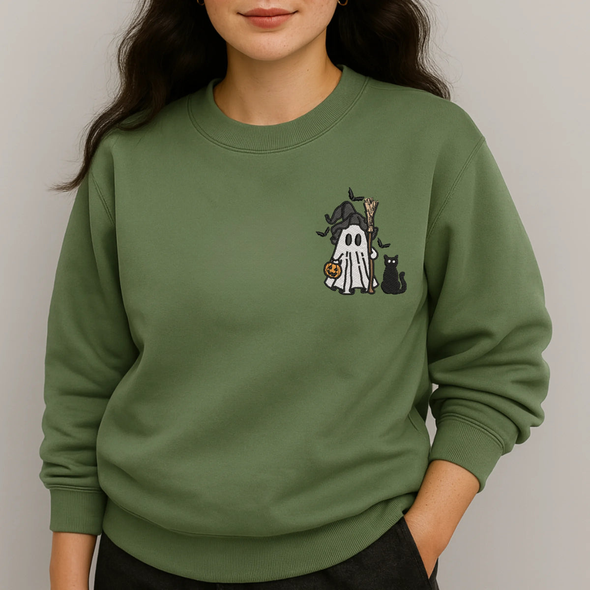 Spooky cute ghost embroidered pullover