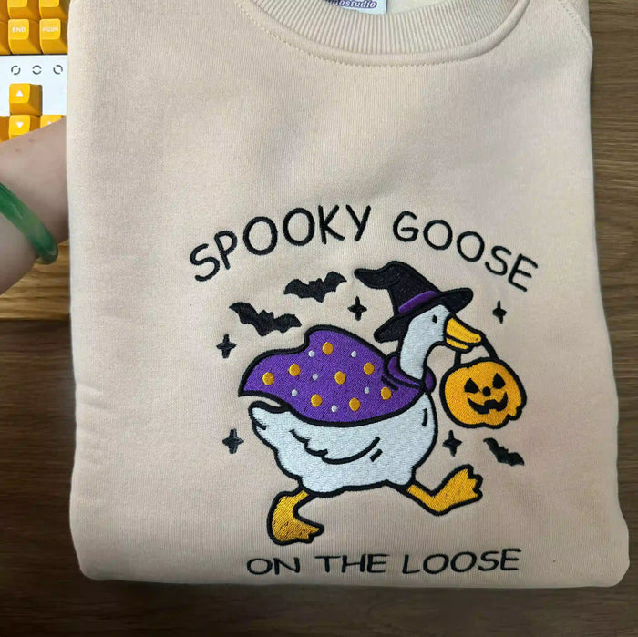 Spooky Goose On The Loose Embroidered Sweatshirt – Cute Witchy Pumpkin Halloween Pullover
