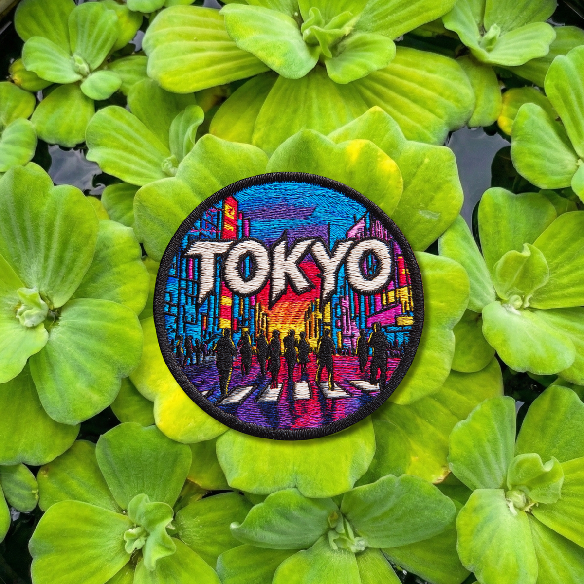 Tokyo Japan embroidery patch featuring neon city skyline at night