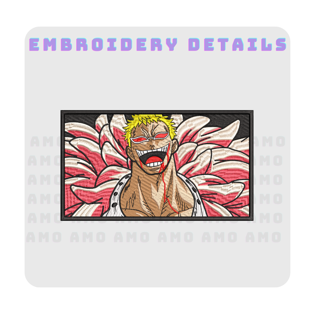 Unisex embroidered tee featuring One Piece villain Doflamingo