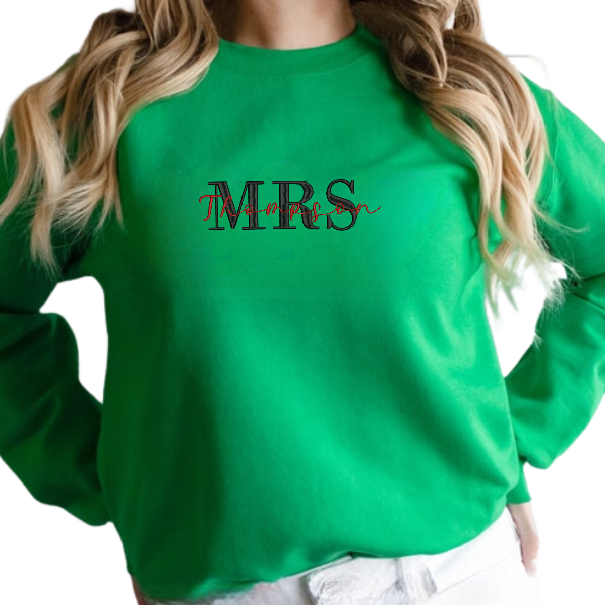 White Mrs. embroidered sweatshirt laid flat