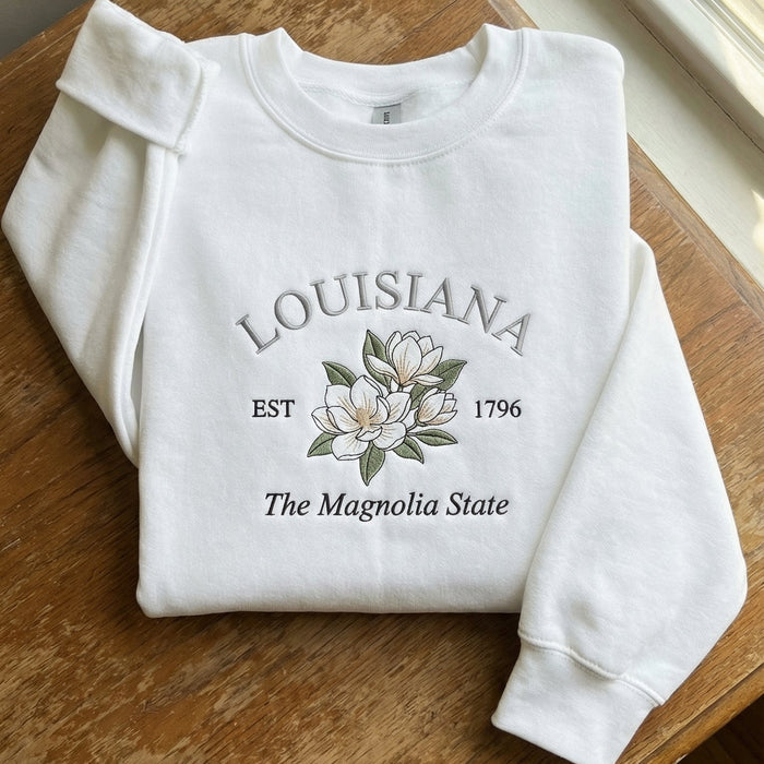 Louisiana Magnolia Embroidered Sweatshirt – White Southern State Flower Botanical Crewneck