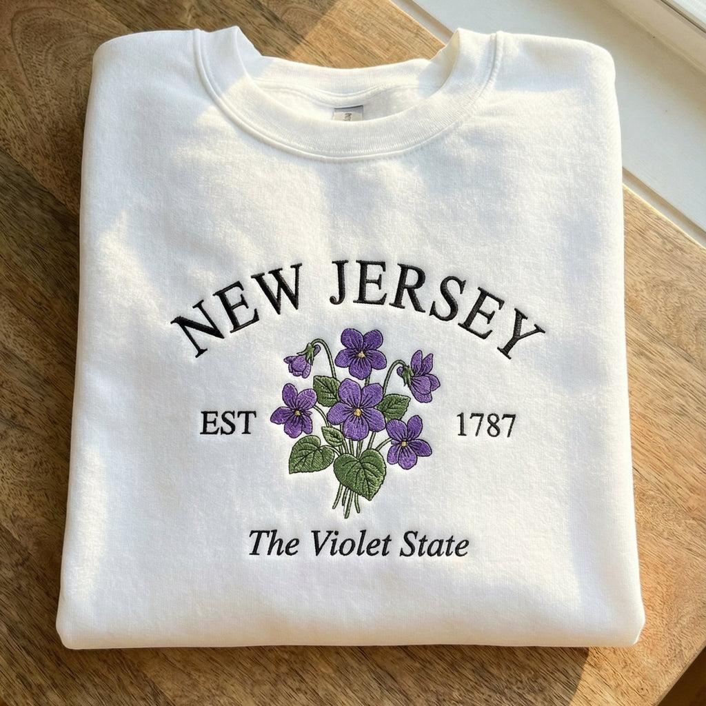 White folded sweatshirt with detailed Purple Lilac flower embroidery reading New Hampshire EST 1788 The Purple Lilac State