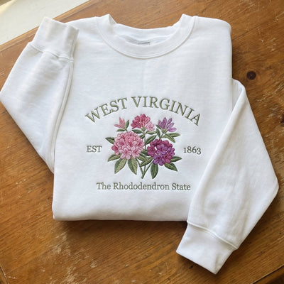 West Virginia Rhododendron Embroidered Sweatshirt – White